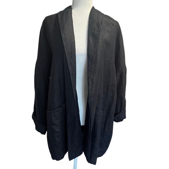 Eileen Fisher 100% Linen Open Front Black Blazer Jacket Size XL - Picture 1 of 6